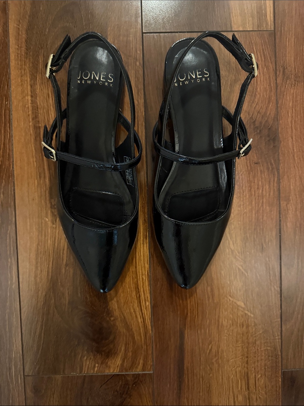 Jones New York Black Patent Pointed Slingback Heels with Straps